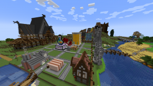 A view of Spawn Town 8's shopping district and portal hub.